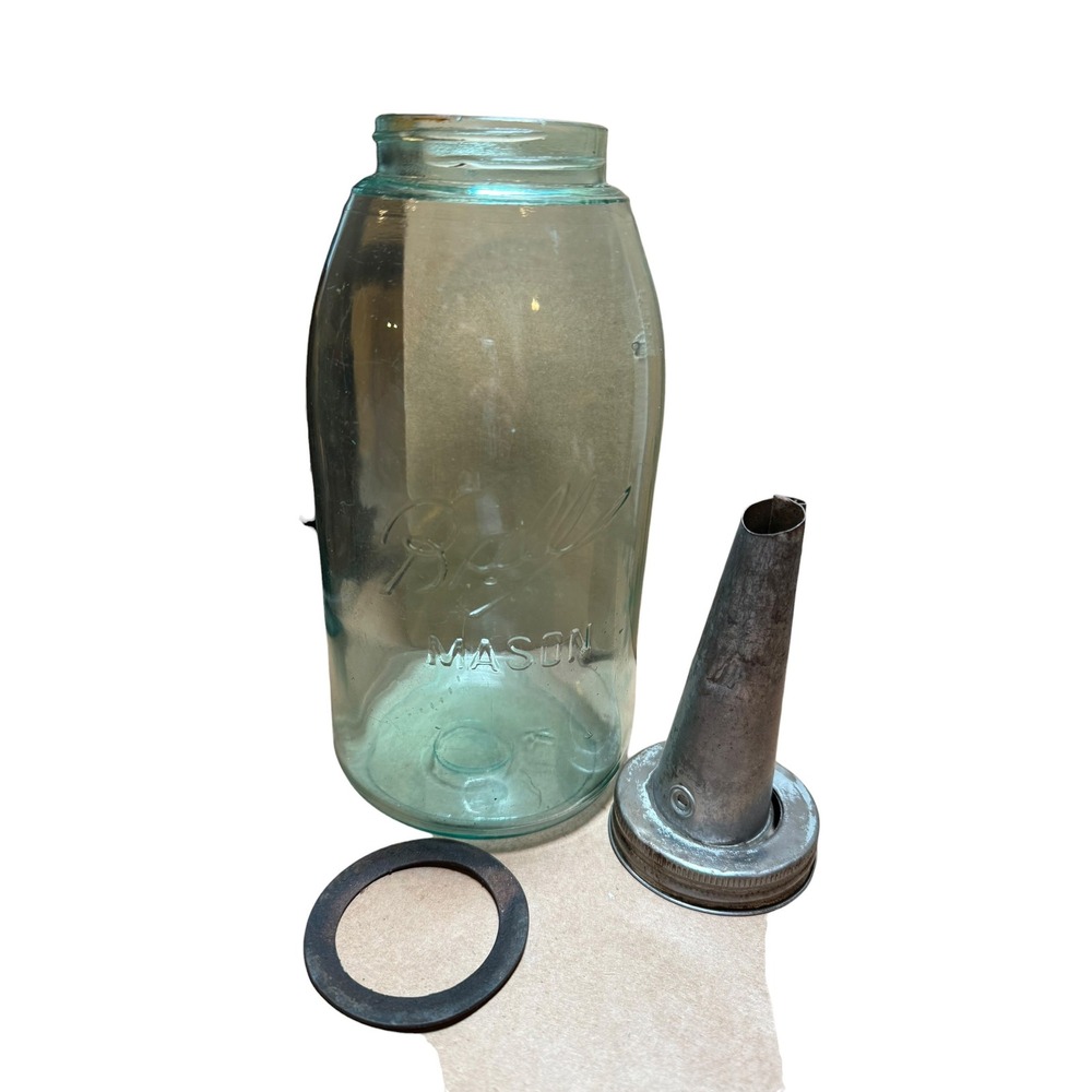 Ball Mason Jar Oil Dispenser Vintage Blue Glass Metal Spout Good Primitive Decor - Picture 9 of 9
